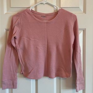 pink girls waffle shirt crop top long sleeve - L